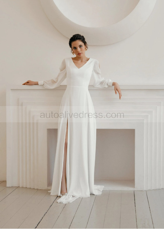 Long Sleeves Ivory Chiffon Slit Beach Wedding Dress